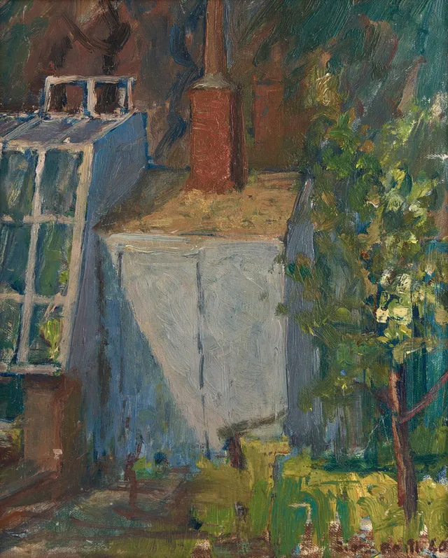 SIGNE BARTH (1894–1982). Växthuset, signerad, olja på pannå.