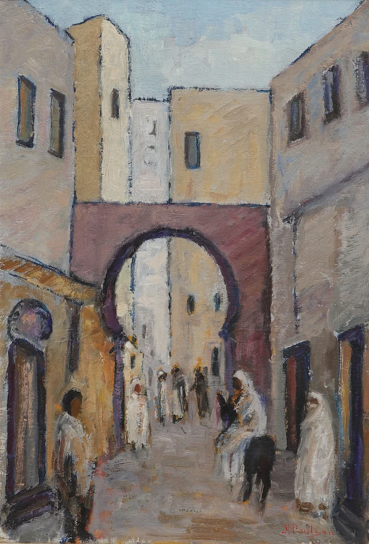 OIDENTIFIERAD KONSTNÄR, olja på duk, "Mot kväll i gränden, Marocko", signerad. — Paintings — Ekenbergs Auktioner