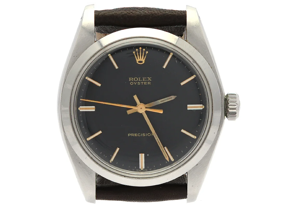 ROLEX, Oyster, Precision (-T Swiss T-), Ref nr. 6426, Serie nr. 3775637, Cal 1225, Boett nr. 6426, herrur, 35 mm, stål, manuell, plexiglas, läderband, 1974. — Klockor/Rolex — Kaplans