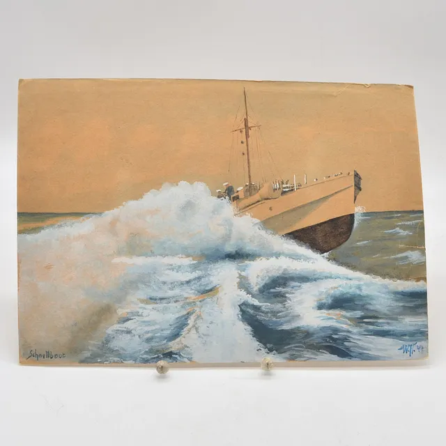 SCHNELLBOOT - KRIEGSSCHIFF DER DEUTSCHEN MARINE IM ZWEITEN WELTKRIEG, AQUARELL AUF PAPIER, "W.H." MONOGRAMMIERT, 1944.