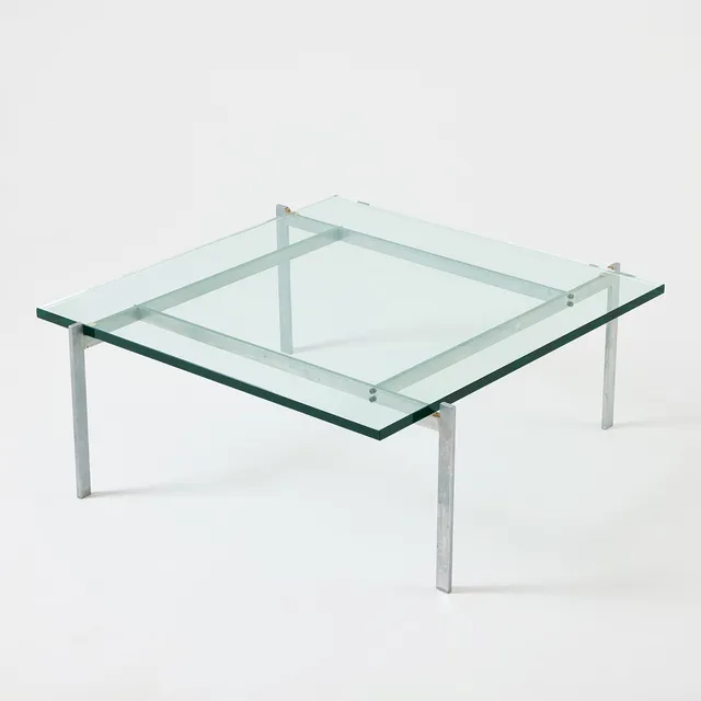 POUL KJAERHOLM. "PK-61", soffbord, E Kold Christensen, Danmark, underrede av rostfritt stål, skiva av glas.