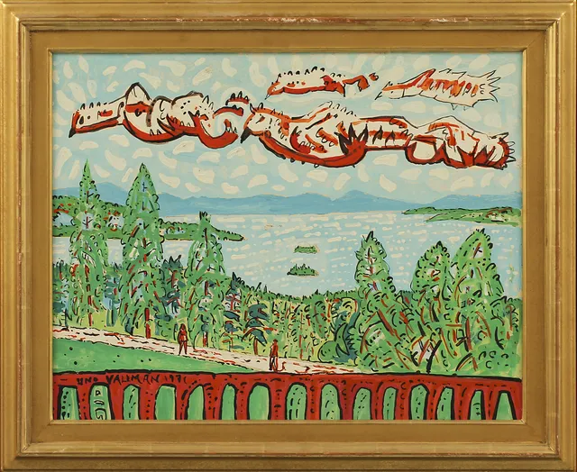 UNO VALLMAN. Kustmotiv med figurer på väg. Olja på papper uppklistrad på pannå, signerad och daterad 1971.