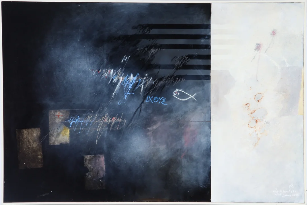 Nis Schmidt. 'Blackboard and Wall'. Mixed media on canvas. 100 x 150 cm. — Paintings and sculptures/Modern pictorial arts — Lauritz