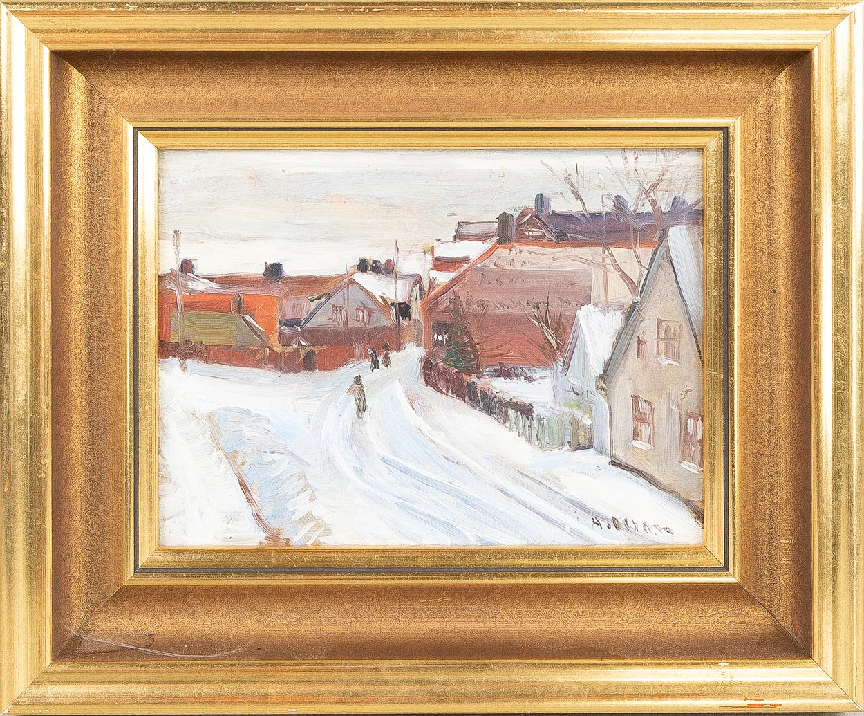 ANDERS OLSON (1880-1955). Vintermotiv med hus, olja på pannå. — Paintings — Stockholms Auktionsverk Helsingborg