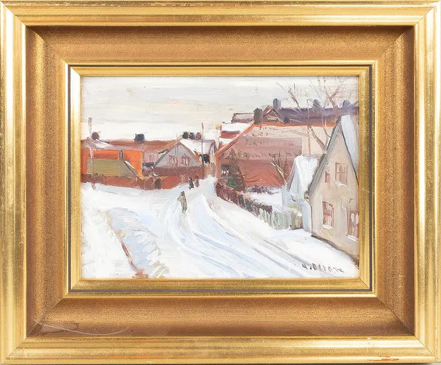 ANDERS OLSON (1880-1955). Vintermotiv med hus, olja på pannå.