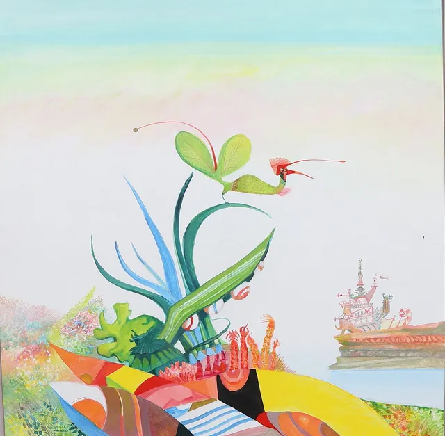 MARCEL GENAY. "île de L'oiseau Pétaliform". Blandteknik, signerad Marcel Genay.
