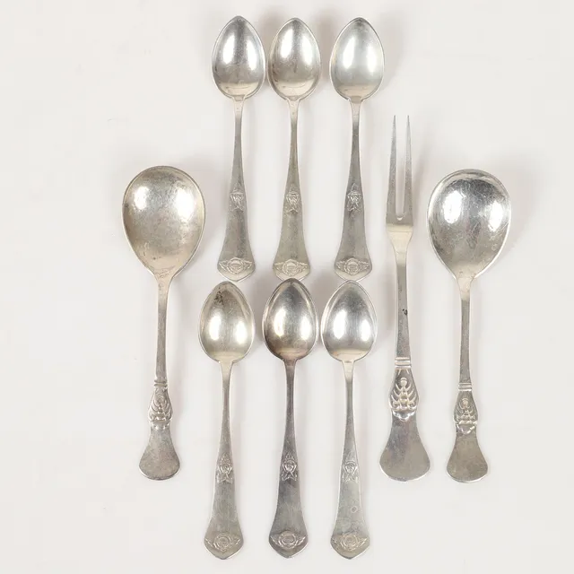KAFFESKEDAR M. M., 9 stycken, silver, C F Heisner, Danmark, 1922-26.