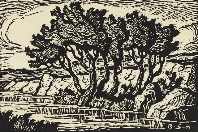 BIRGER SANDZÉN (Sverige/USA, Blidsberg 1871-1954 Lindsborg, Kansas). "Kansas Creek", signerad Birger Sandzén samt i plåten B.S-n, linoleumsnitt.