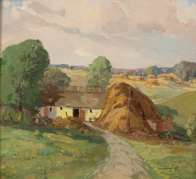 ALWIN DAHL (1889-1971). Gård i landskap, olja på pannå signerad.