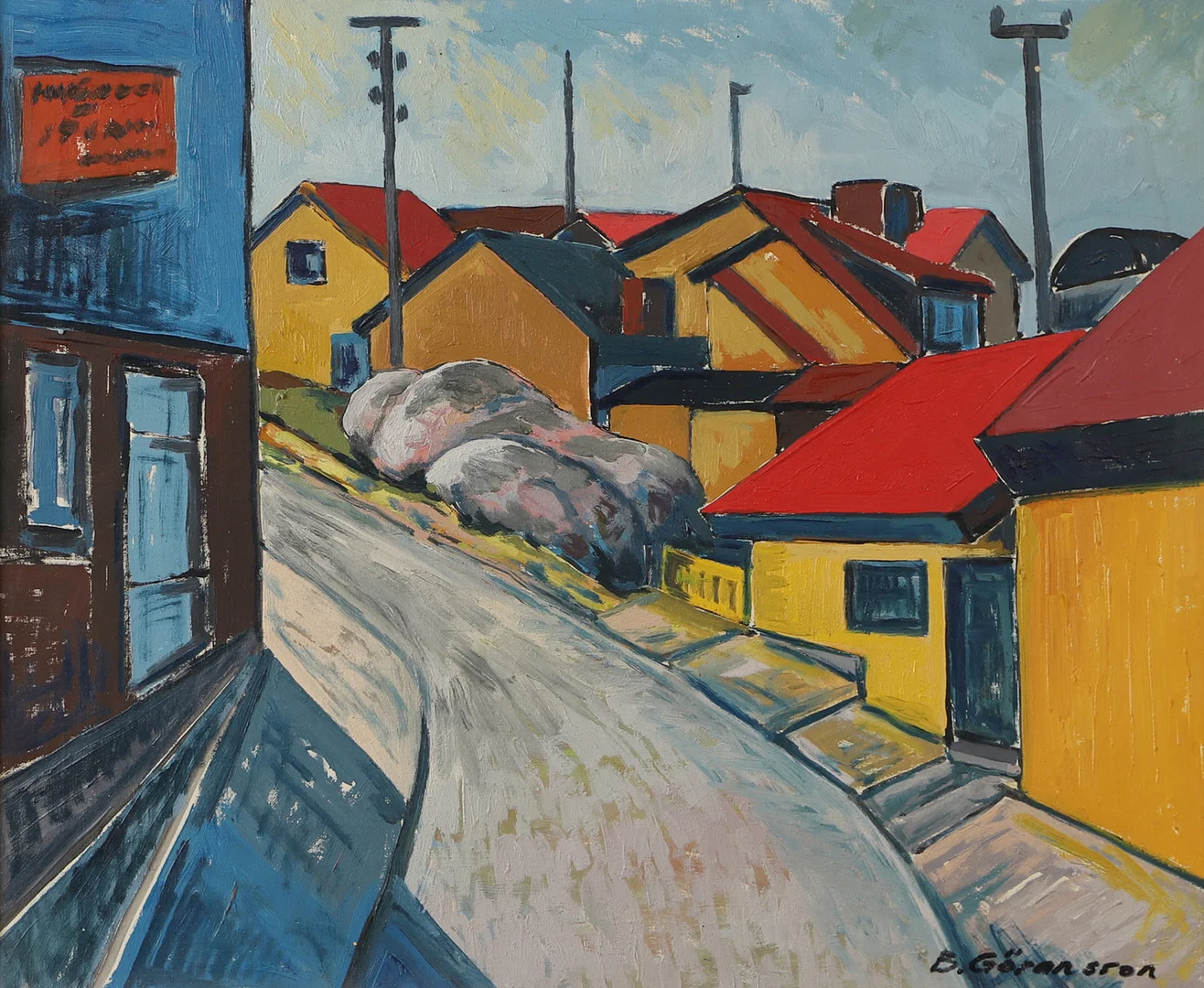 BROR GÖRANSSON. Gatubild med hus, olja på duk, signerad B. Göransson. — Paintings — Helsingborgs Auktionskammare