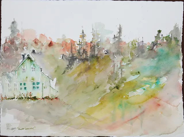 LEILA VAN DYKE. "Huset i skogen", akvarell, signerad.