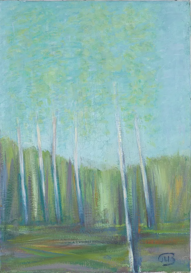 JOHN IVAR BERG (1916-2003). "Vår Björkhagen", monogramsignerad, olja på duk.