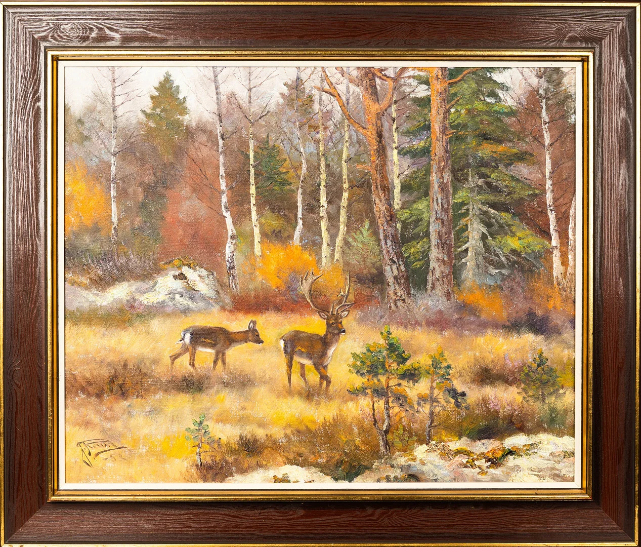 JOHANNES RAVN. Olja på duk, Landskap med Dovhjortar, Signerad. — Paintings — Norrlands Auktionsverk