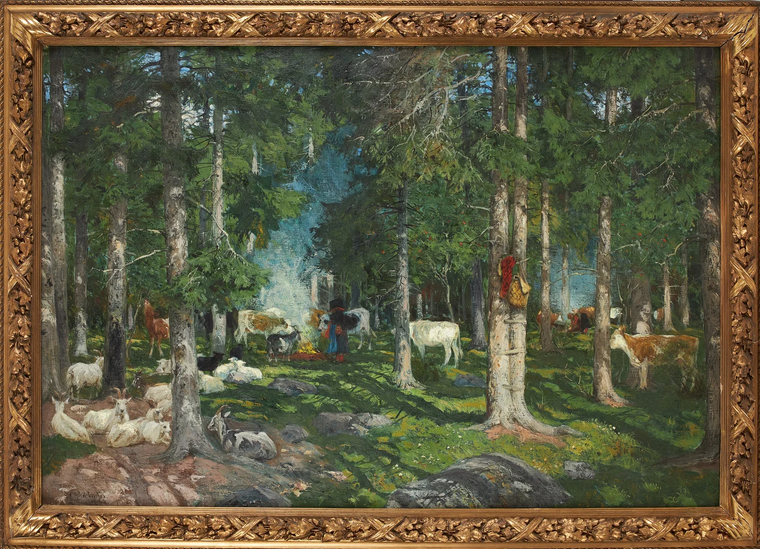 OLOF ARBORELIUS. Vallflicka med boskapsflock runt brasa, signerad Olof Arborelius Stockholm, olja på duk, ca 100x150 cm. — Paintings — Stockholms Auktionsverk Sickla