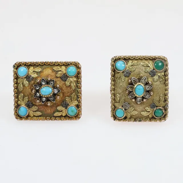19TH CENTURY GOLD, TURQUOISE AND DIAMOND BROOCH AND RING ENSUITE, 13.55 GRAMS (2).
