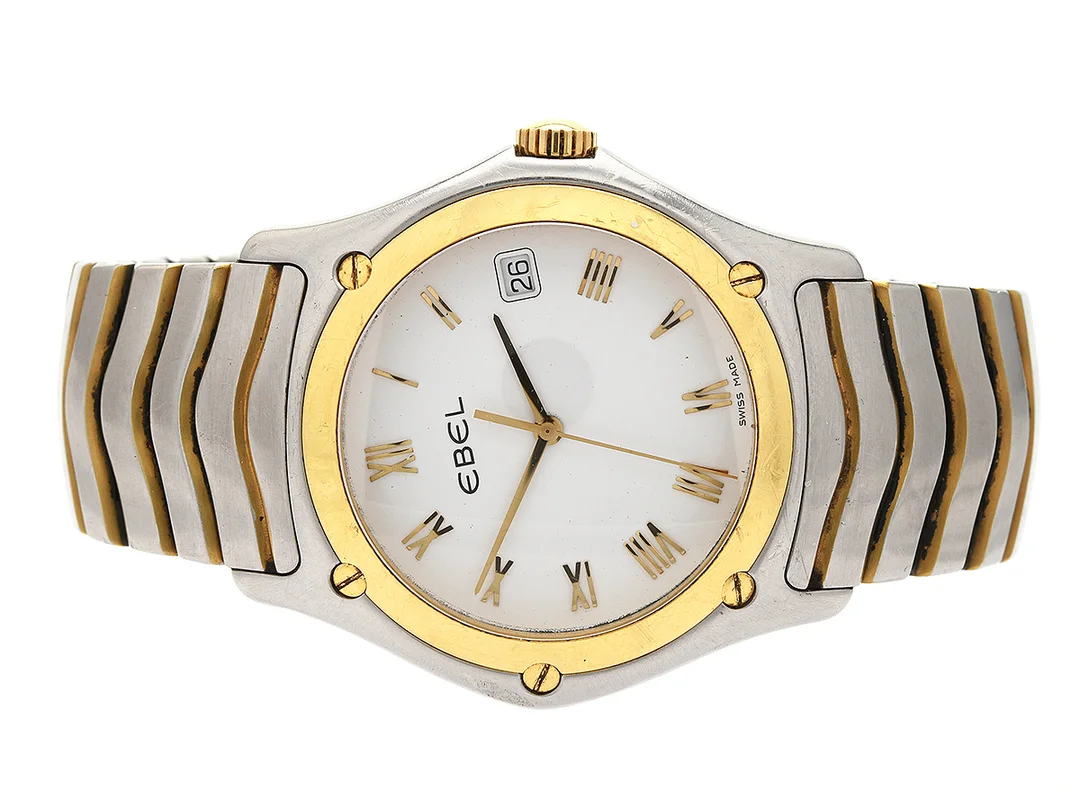 EBEL, Classic Wave, Senior, Cal 187-1, Boett nr. 58603648, Boett nr. 1187F41, herrur, 37,5 mm, stål/guld, quartz, safirglas, datum, defekt, OBS: tavelpelare av, integrerad originallänk, viklås, Ref nr. 25FA, ca 2003. — Klockor/Ebel — Kaplans