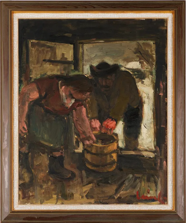 OLAVI LAINE. Lantlig figurkomposition, signerad Laine, olja på duk.