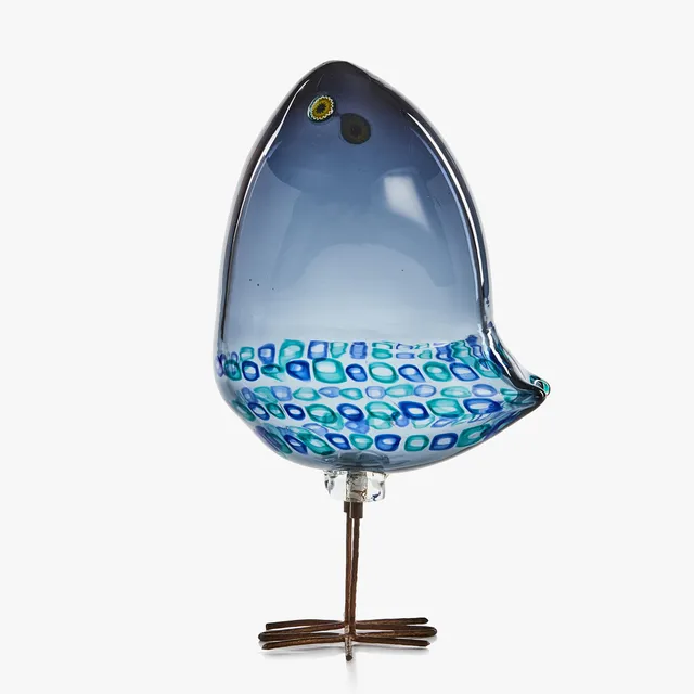 ALESSANDRO PIANON. Fågel, "Pulcino", Vistosi, Murano, Italien 1960-tal, blåtonad glasmassa med murrine i blått och grönt.