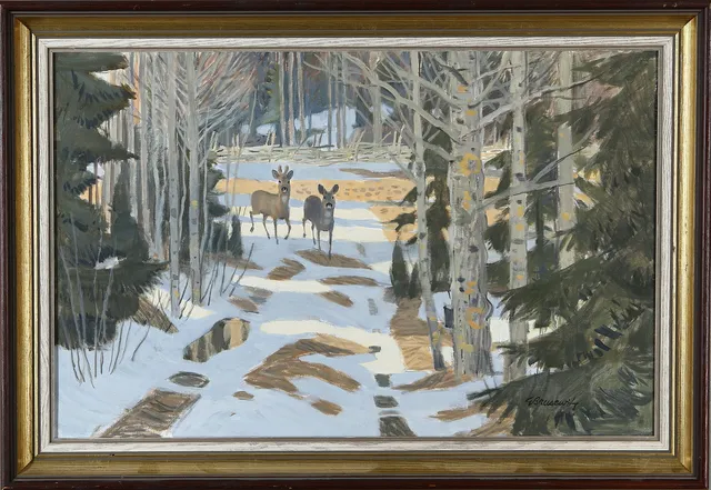 GUNNAR BRUSEWITZ. Skogsväg med rådjur, olja på duk, signerad.
