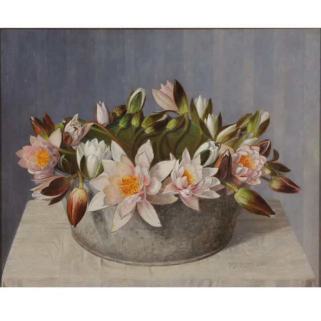 HANS HANSEN (1874-1958). Opstilling med åkandeblomster i zinkbalje, olie på lærred, 1920.