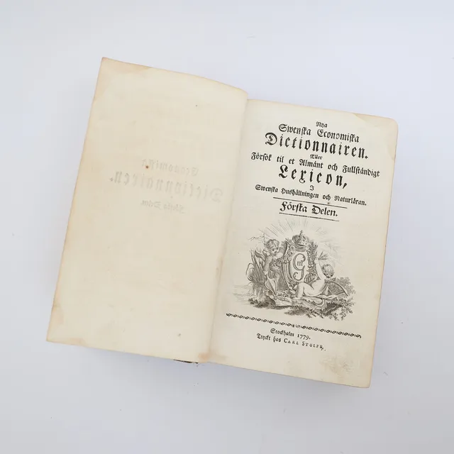 BOK,"Nya Swenska Economiska Dictionnairen, eller Försök til et almänt och fullständigt Lexicon, i Swenska Hushållningen och Naturläran." daterad 1779.
