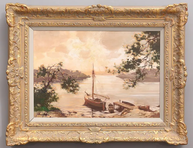JAN BOHUMIL POSPISIL. Brygga med segelbåt. Olja på duk, signerad.