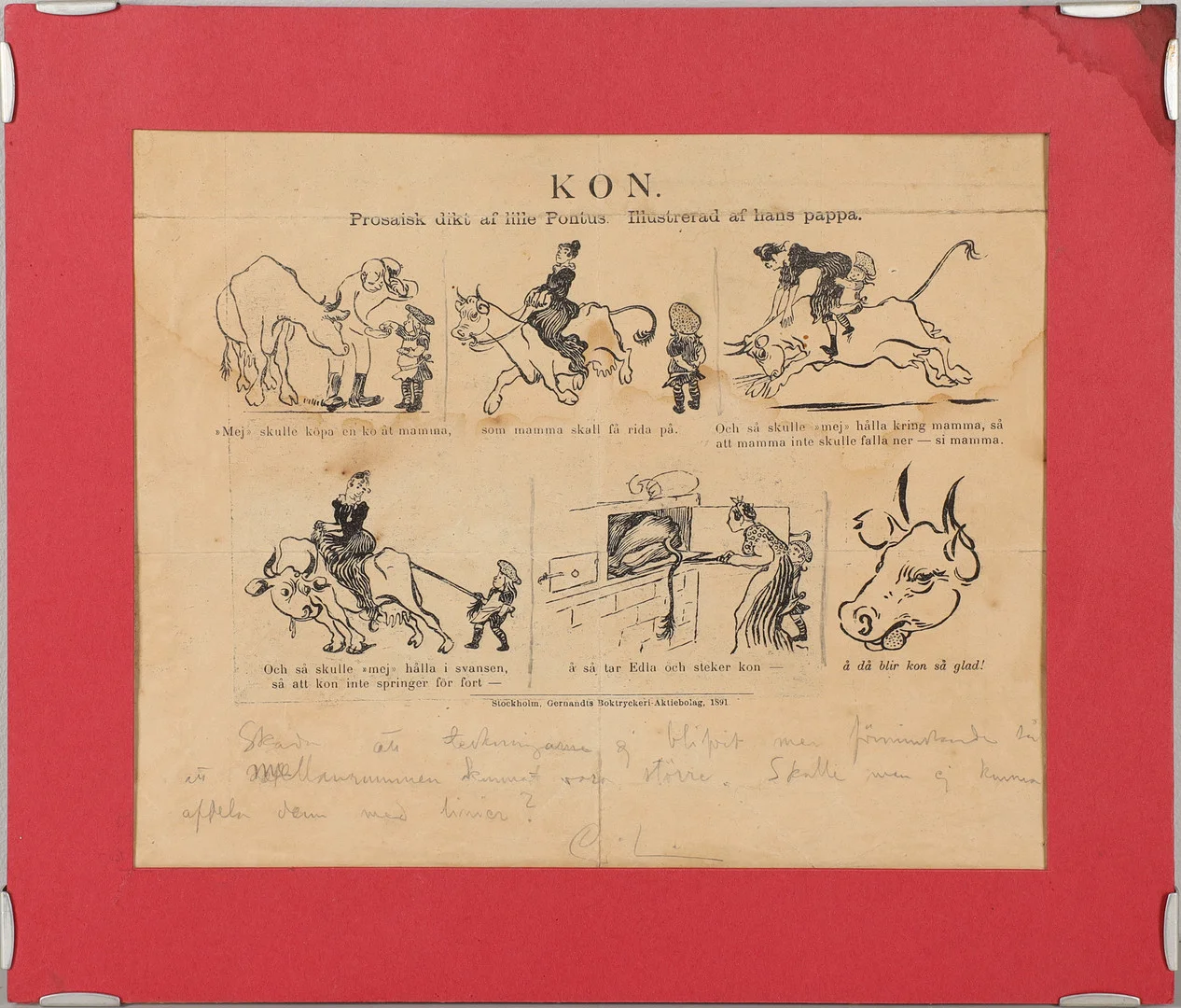 CARL LARSSON. Tryckt teckning med handskriven kommentar och signatur. — Autographs & Manuscripts — Auktionshuset Kolonn