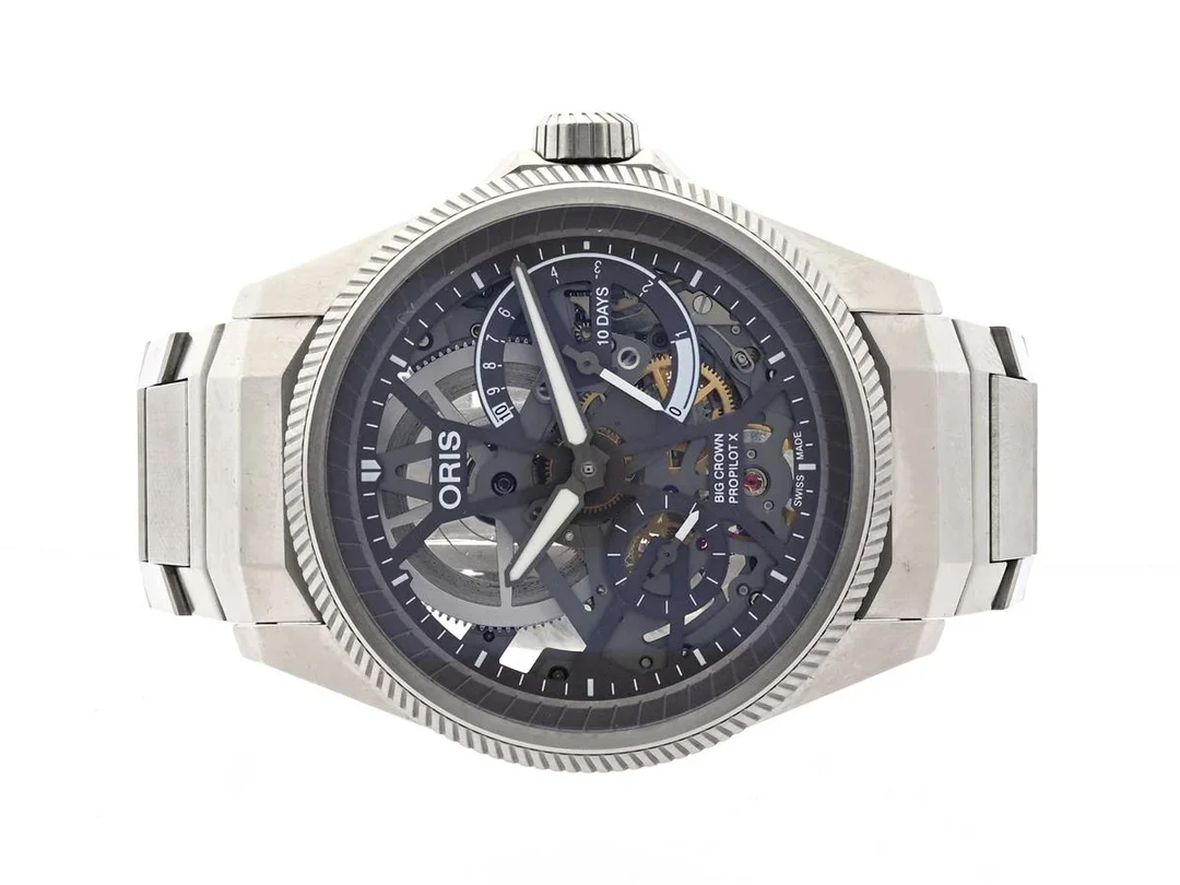 Armbandsur Oris Big Crown Pilot, manuell (cal115) titanium, safirglas, orginalarmband titanium, ref:0111577597153 snr: 3807490, med extra länkbitar, cert, box och ytterkartong. — Klockor/Oris — Kaplans