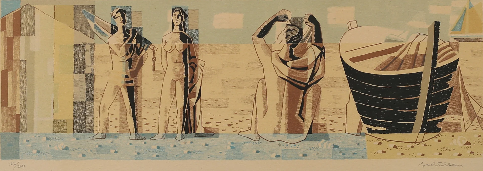 AXEL OLSON. På strand, färglitografi nr 182/260, signerd. — Engravings & Prints — Garpenhus Auktioner
