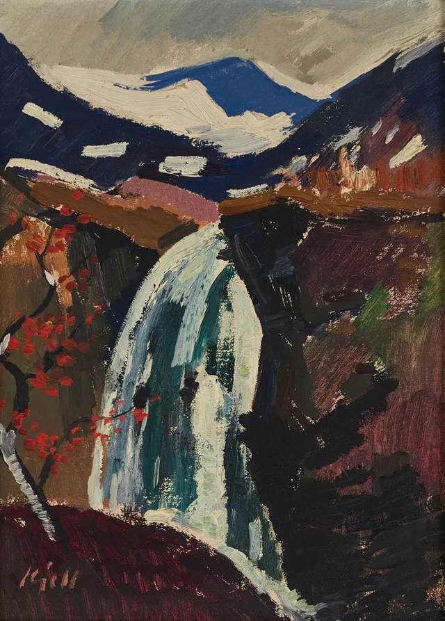 KJELL LEANDER ENGSTRÖM (1914-1979). "Vadejokksfallet", signerad och daterad a tergo 1956, olja på pannå.