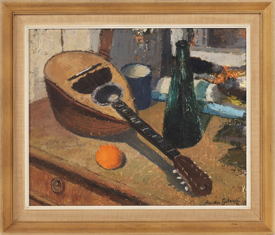 Herdis Gelardi: Arrangement with mandolin and orange — Paintings and sculptures/Modern pictorial arts — Lauritz