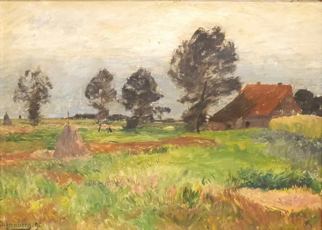 OLOF JERNBERG. SOMMARLANDSKAP MED BONDGÅRD OCH HÖSTACKAR.