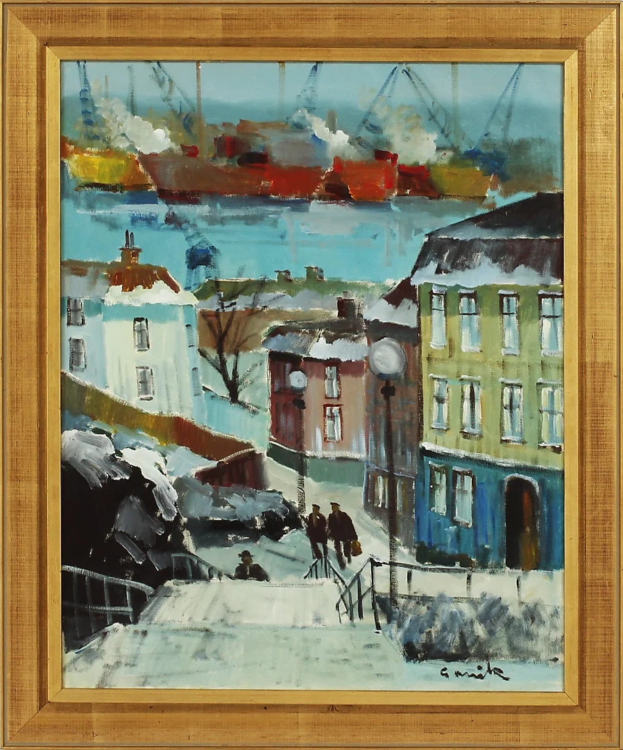 TAGE GAVIK. Olja på duk. Utsikt mot Göteborgs hamn från Masthugget. Signerad Gavik. — Paintings — Göteborgs Auktionsverk
