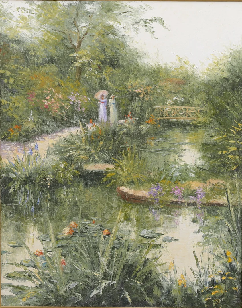 AGNETA AGGE KARLSSON. Olja på duk. "Flanörer vid dammen". Signerad. — Paintings — Växjö Auktionskammare