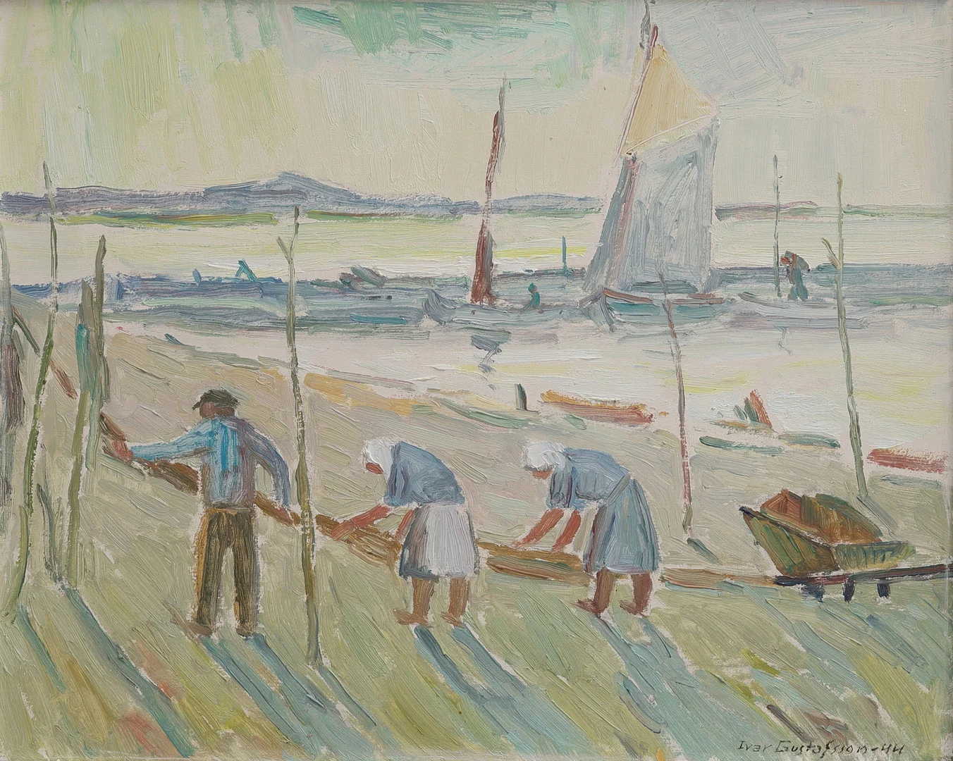 IVAR GUSTAFSSON. OLJA PÅ PANNÅ, "MORGON VID FISKELÄGET", SIGNERAD OCH DATERAD 1944. — Paintings — Crafoord Auktioner Lund