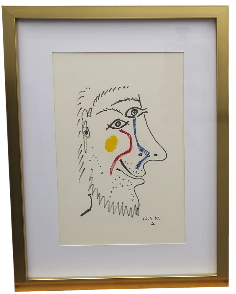 PABLO PICASSO. Efter, färglitografi , mansporträtt, ur mappen "LE GOUT DU BONHEUR" Schünemann, nr 403/666, år 1970. — Engravings & Prints — Limhamns Auktionsbyrå