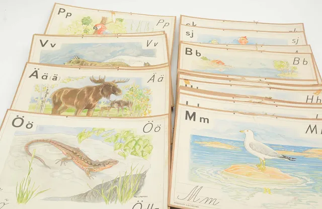 MAJ LINDMAN. 32 st, ABC-planscher, ABC-Bilder, Norstedts, Esselte Stockholm. skolplanscher.