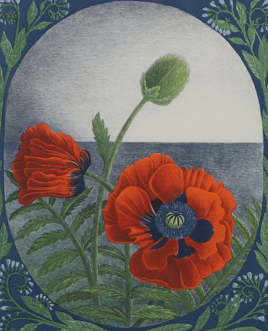 MARIA HILLFON. Komposition med blommor, färglitografi, signerad. — Engravings & Prints — Helsingborgs Auktionskammare