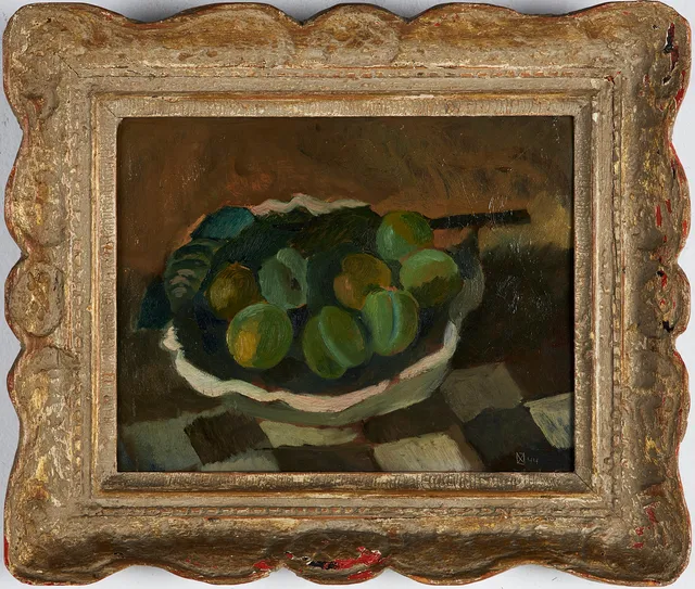 NISSE ZETTERBERG (1910-1986): Stilleben med frukt, "Fruktlådan", olja på pannå, monogramsignerad.
