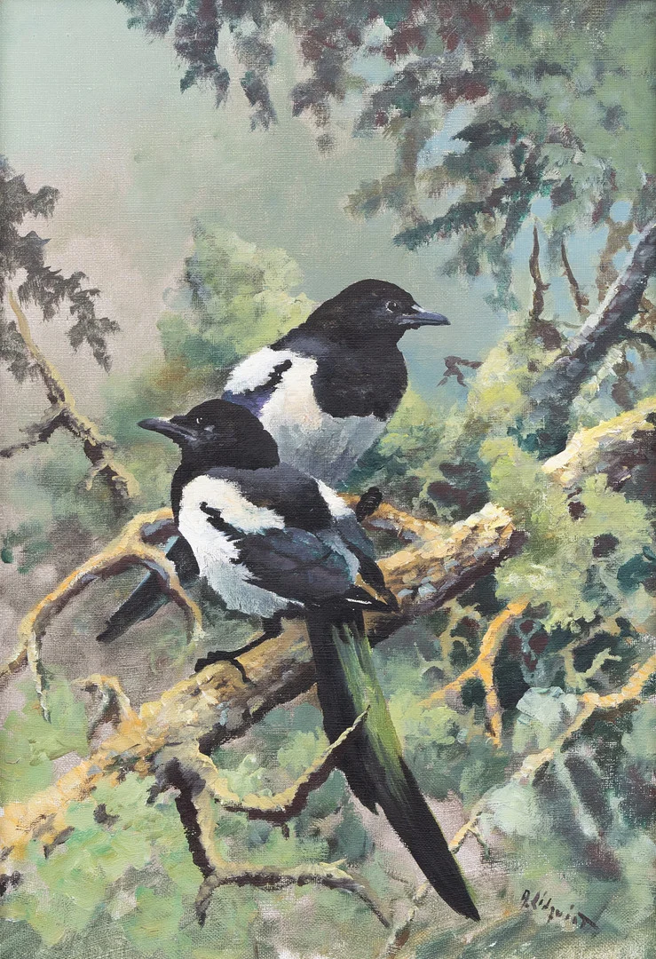 ARNE LIDQVIST. Skator på gren, olja på duk, signerad. — Paintings — Garpenhus Auktioner