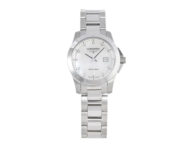 LONGINES, Conquest (30bar/300meter), Serie nr. 38242107, Ref nr. L3.277.4.87.6, damur, 29 mm, stål, quartz, safirglas, datum, pärlemorurtavla med diamanter (11 st. TW-F-G/VS-SI, ca 0,031 ctv) originallänk, viklås, Ref nr. L600131634 W, ca 2012, box (skadad).