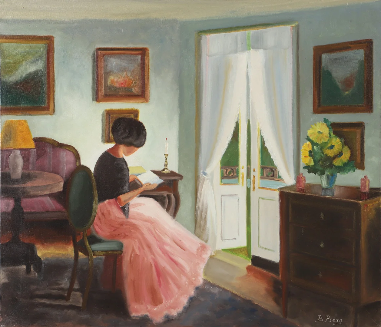 BENTE BERG. Interiör med läsande kvinna, olja på duk, signerad B. Berg. — Paintings — Helsingborgs Auktionskammare