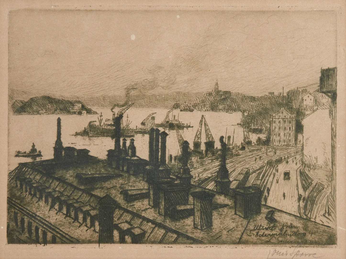 LOUIS SPARRE (Sverige/Finland, 1863-1964). "Utsikt från Södermalmstorg 4", signerad, torrnål. — Engravings & Prints — Crafoord Auktioner Stockholm