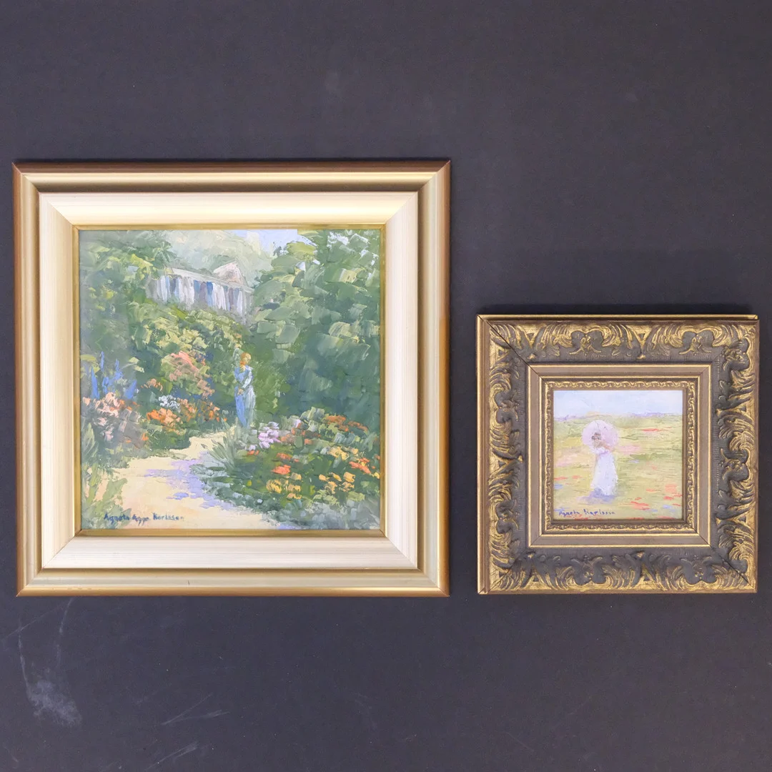 AGNETA AGGE KARLSSON. OLJA PÅ PANNÅ, TVÅ TAVLOR. — Paintings — Björnssons Auktionskammare