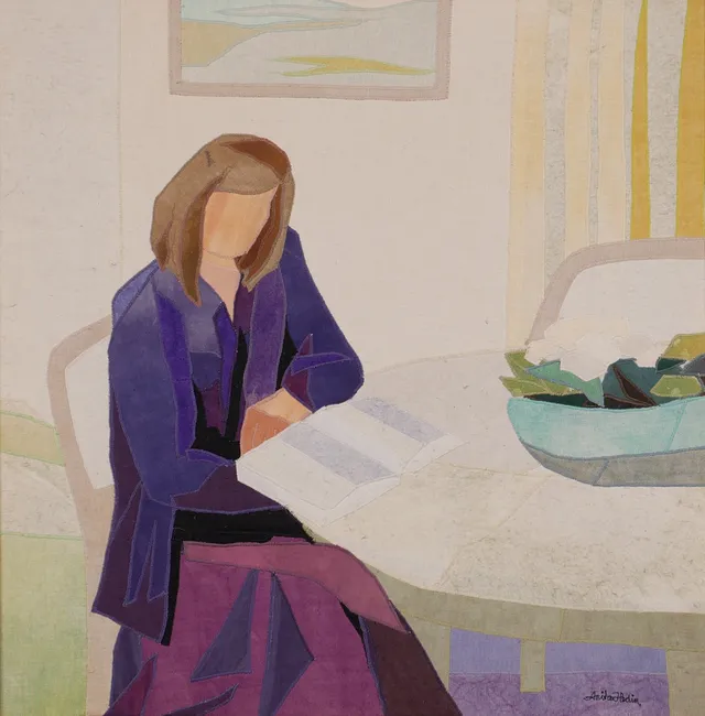 ANITA HEDIN. "En stund med boken", tavla textil, signerad, 1994.
