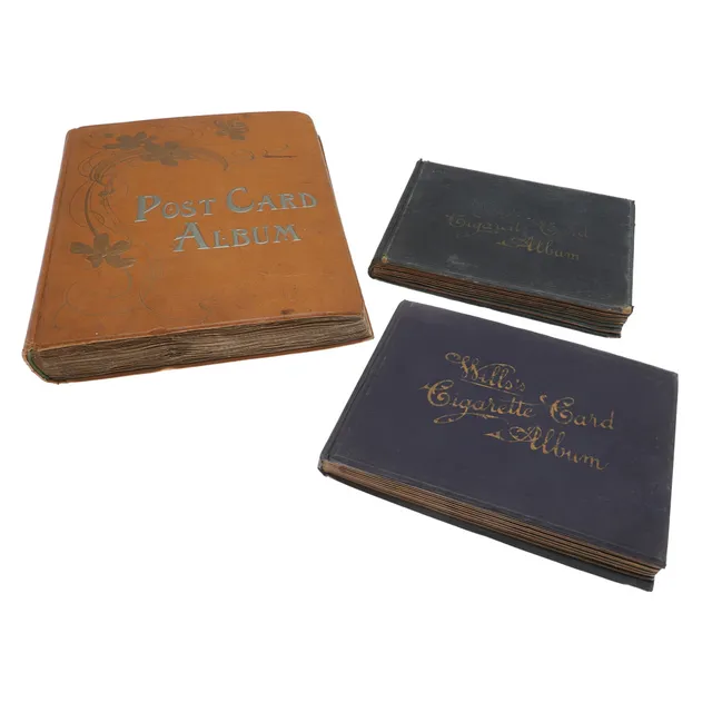 LARGE POSTCARD ALBUM & CIGARETTE CARD ALBUMS.