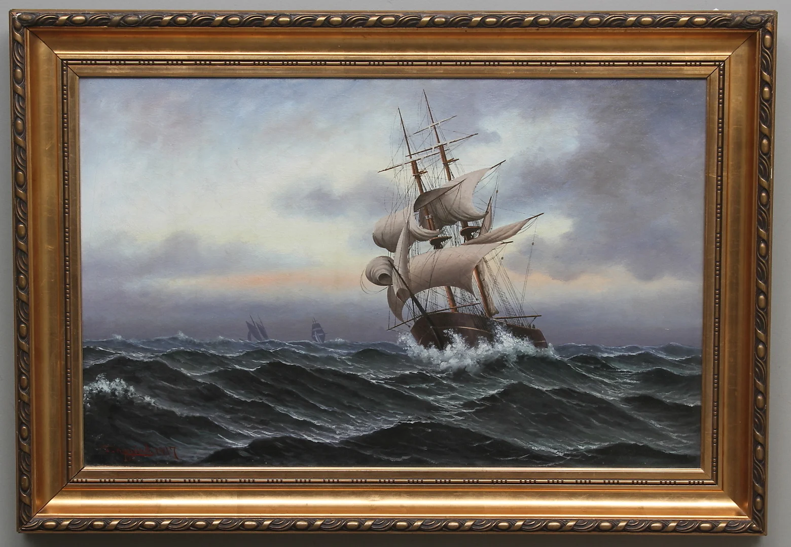 THORVALD RYGAARD. Segelfartyg till havs. Olja på duk. Signerad T.Rygård 1917. — Paintings — Gomér & Andersson Linköping