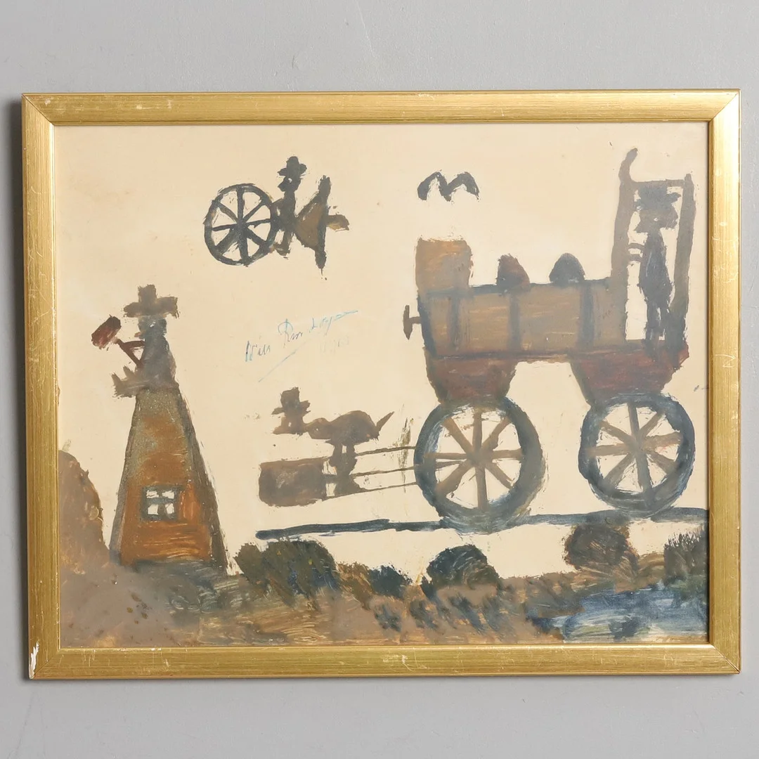 NILS RUNDGREN. "Björnjägarn", Blandteknik, figurkompositioner, signerad och daterad 1968. — Paintings — Örebro Stadsauktioner