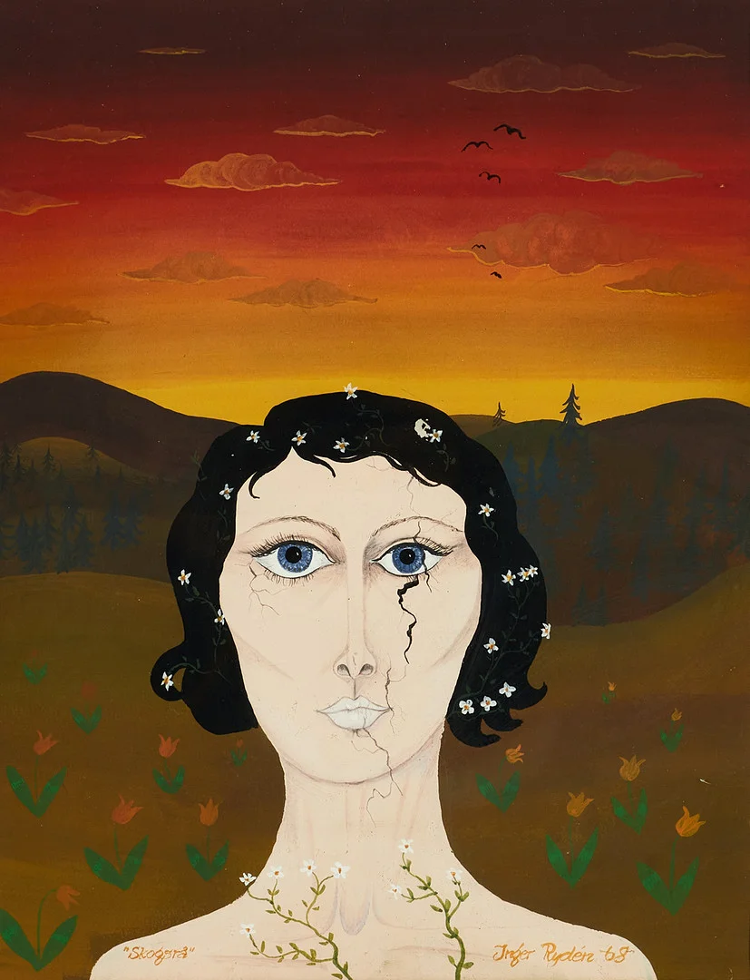 INGER RYDÉN (1944–2020). Surrealistiskt kvinnoporträtt, signerad och daterad 68, gouache. — Paintings — Crafoord Auktioner Stockholm