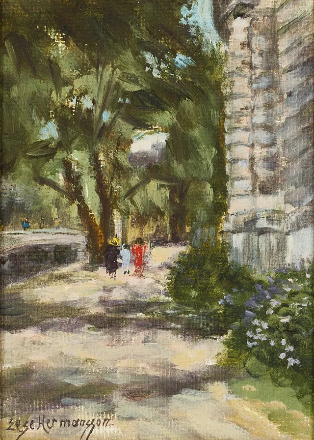 ELSE HERMANSSON (Wien 1900-1997 Stockholm). "Riksbankens rotunda - Stockholm" , signerad Else Hermansson, 1955, olja på pannå.